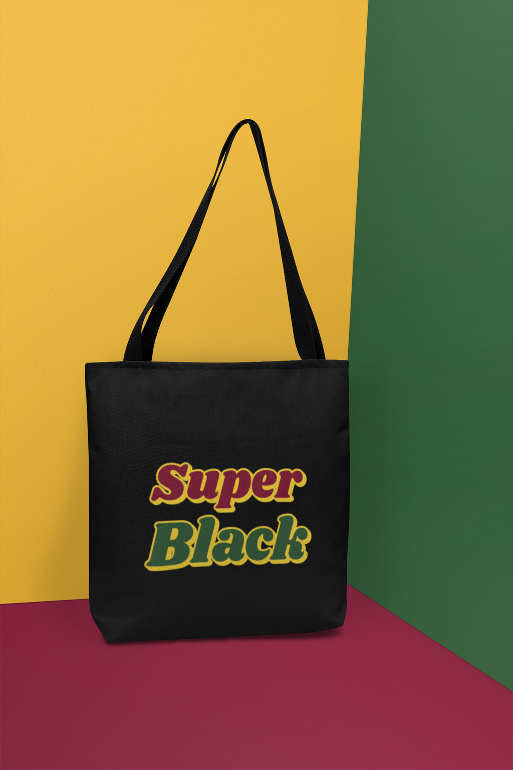 The Super Black tote bag. Created by Yoga and Mahogany.